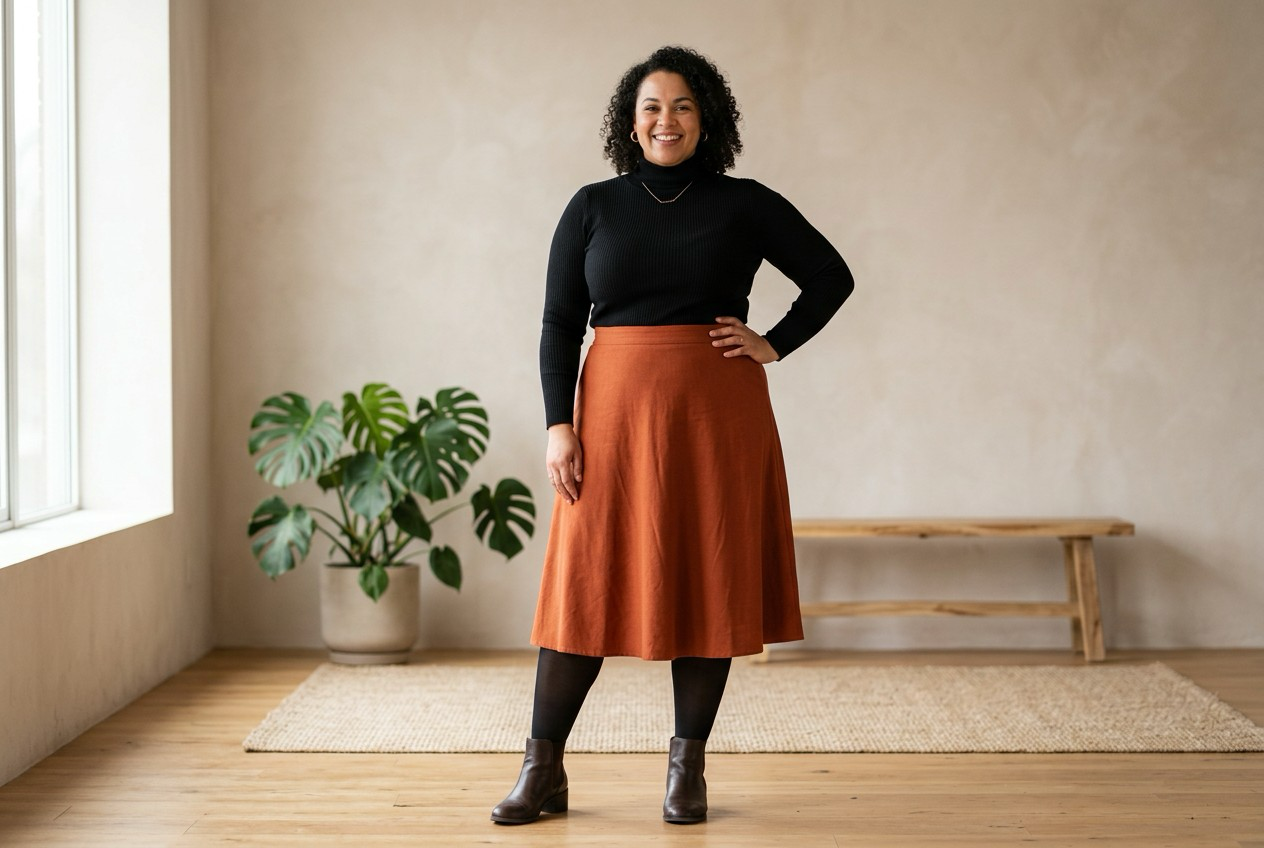 A confident plus-size woman wearing well-fitted, high-quality pantyhose in a professional setting.