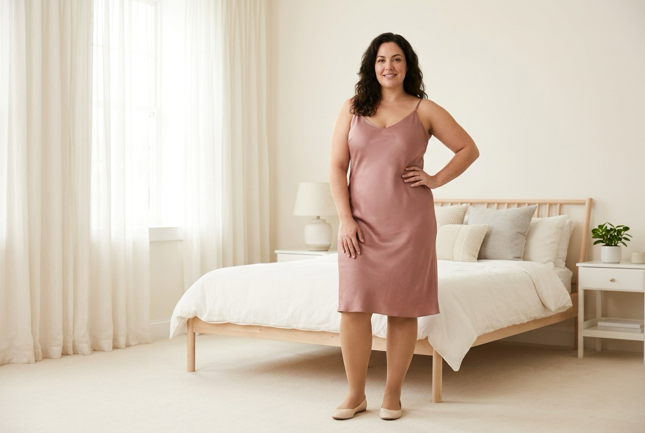 Plus size woman in a dusty rose satin slip dress with sheer nude pantyhose in a bright minimalist bedroom