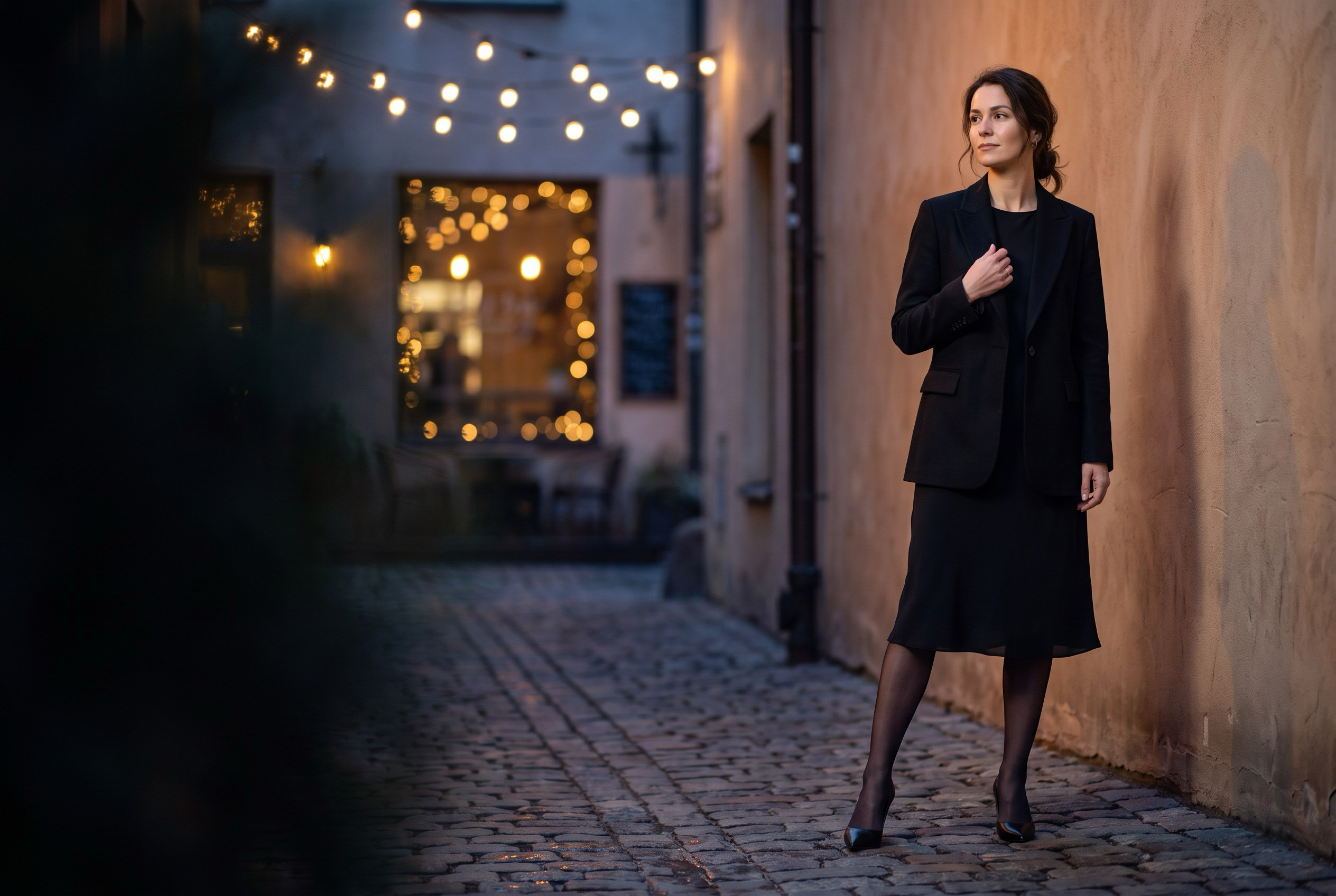 Sheer black tights styled with a tailored black dress at dusk in an old-town lane