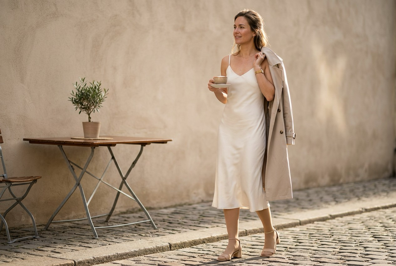 Sheer tights styled with a satin slip dress and block heels on a cafe terrace at golden hour.