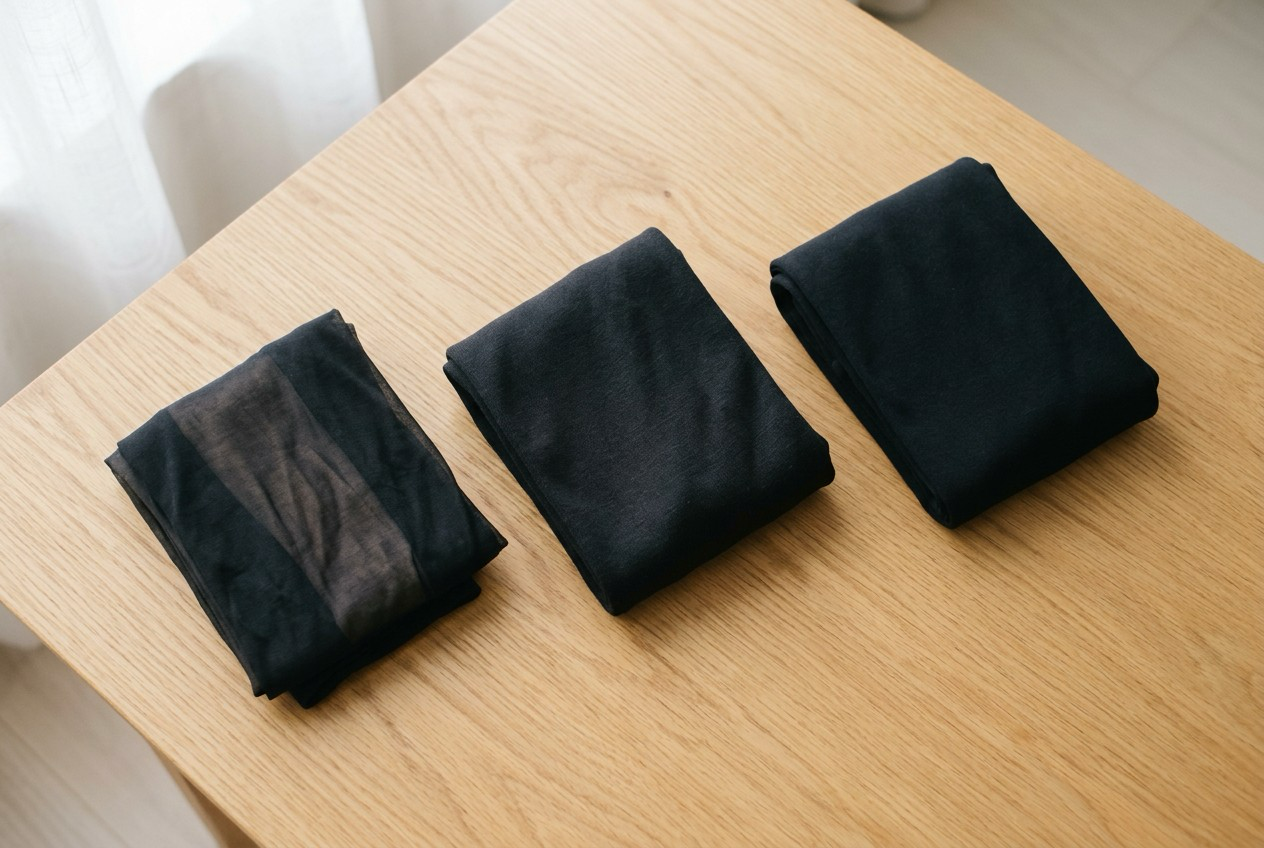 Comparison of sheer, opaque, and matte black tights shown side by side as folded pairs on a wooden table