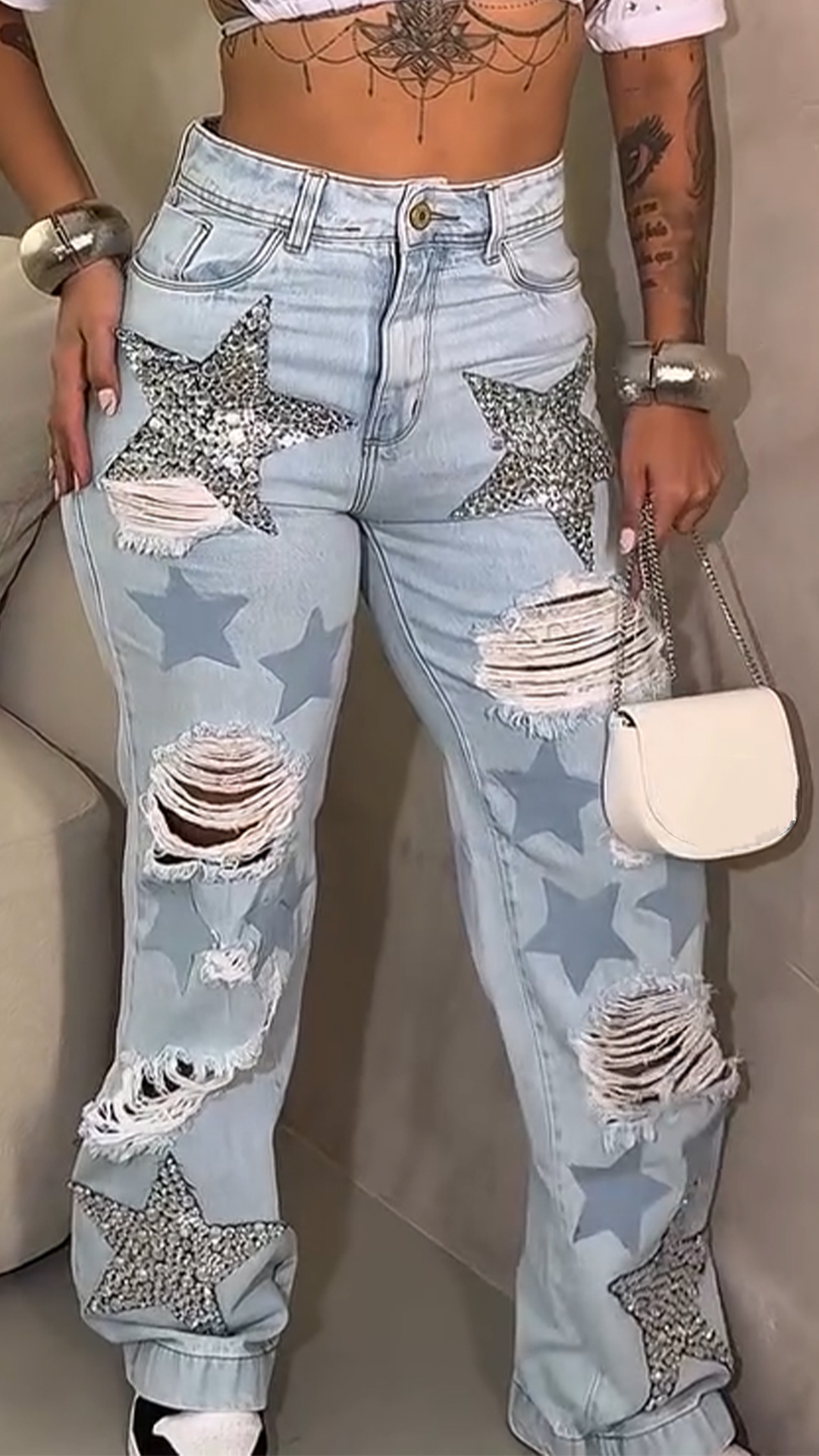 Womens Ripped Hot Diamond Star Print Washing Casual Jeans