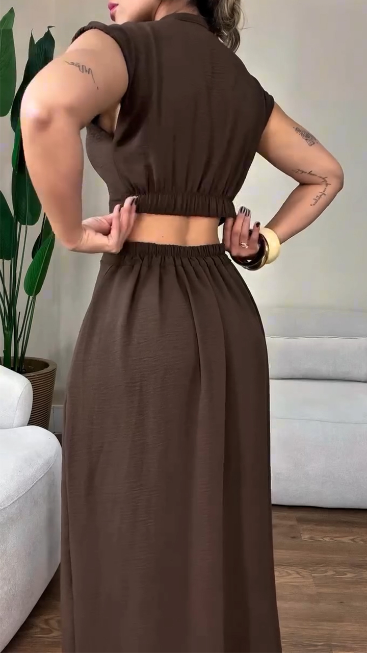 Women's Round Neck Buttoned Hollow Waist Casual Dress