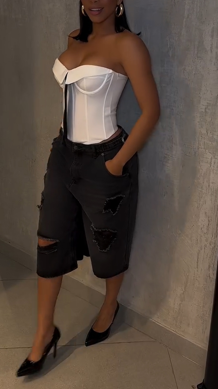 Ladies' Strapless Patchwork Top+ Ripped Pants Casual Set