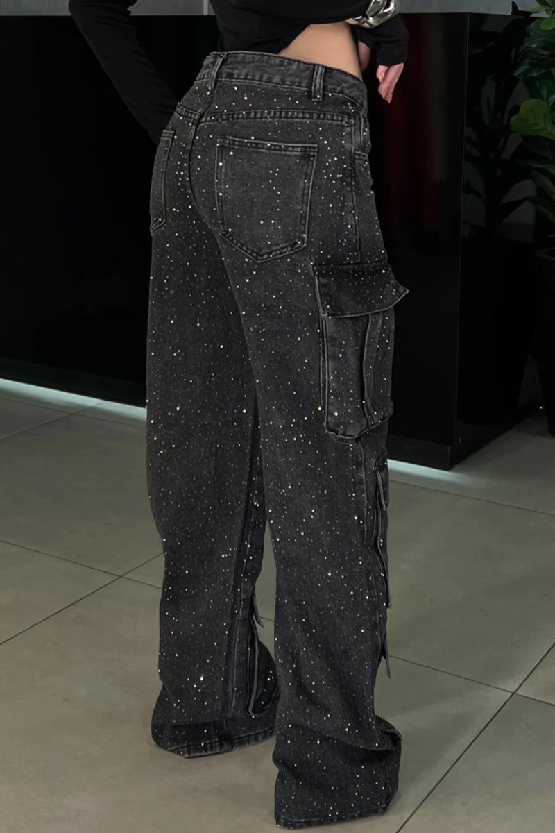 Womens Hot Diamond Splicing Multi-pocket Casual Jeans