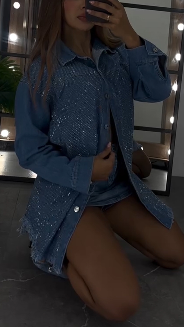 Womens Lapel Hot Diamond Tassel Casual Denim Jacket