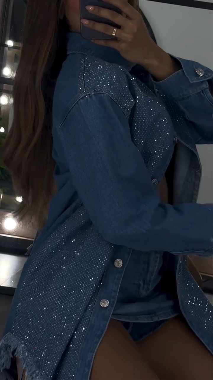 Womens Lapel Hot Diamond Tassel Casual Denim Jacket