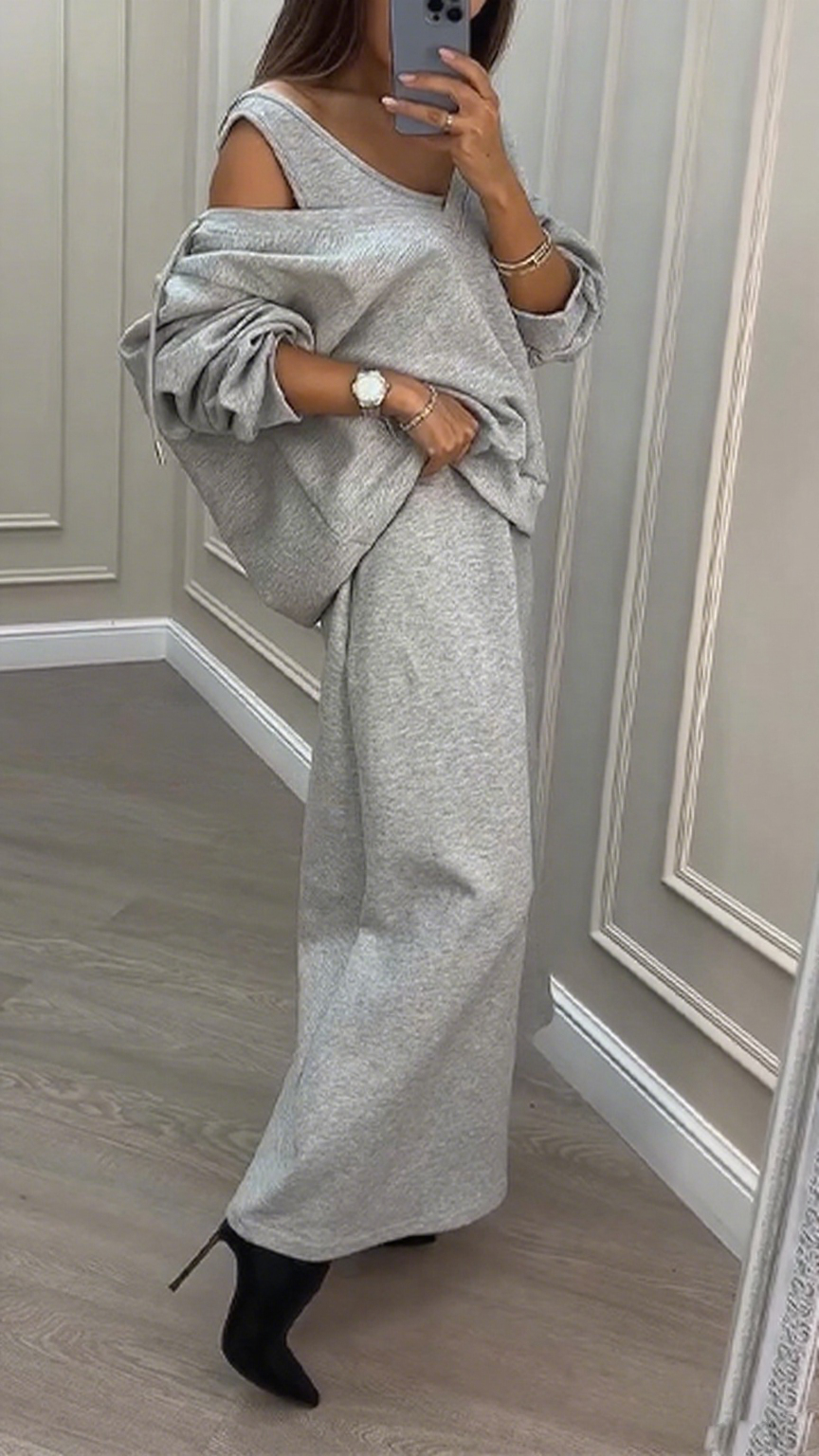 Women V-neck Sweatshirt + Dress Solid Color Casual Suit
