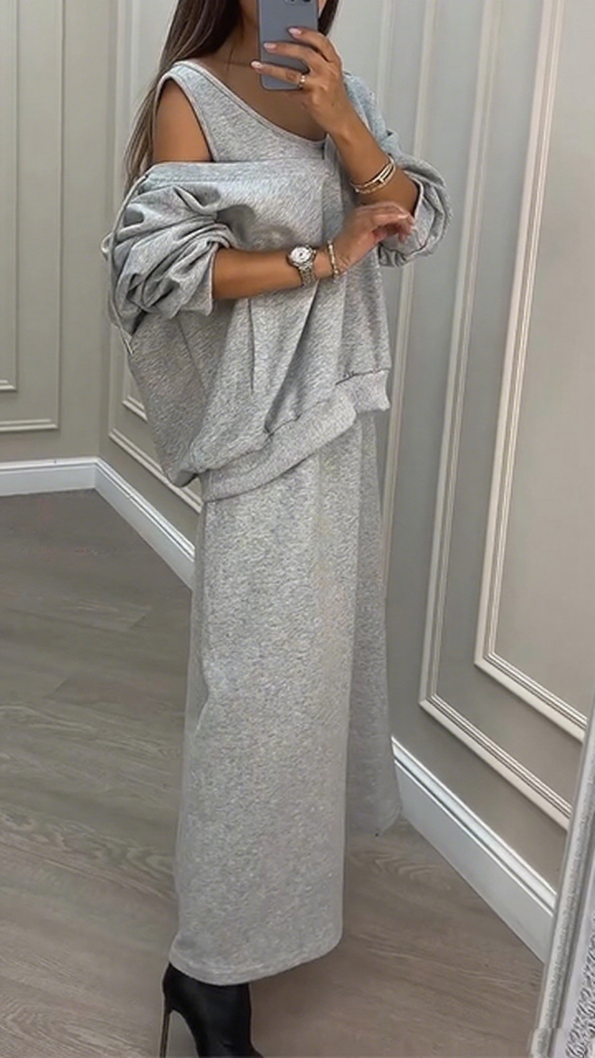 Women V-neck Sweatshirt + Dress Solid Color Casual Suit