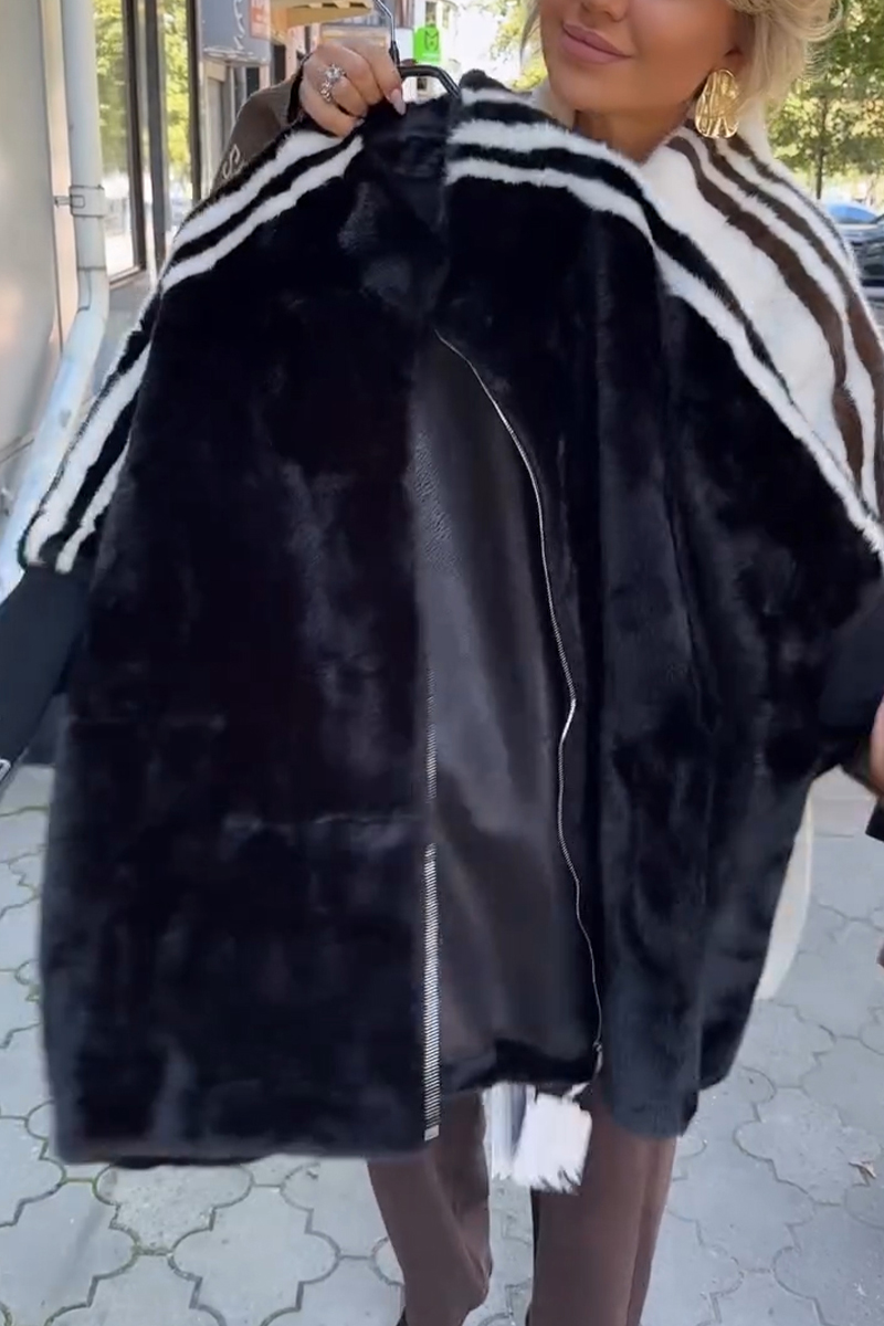 Women Plush Hooded Vertical Stripe Printed Casual Coat