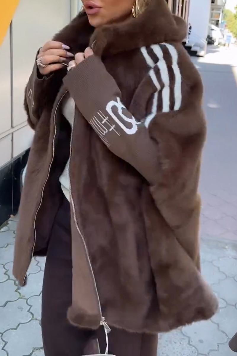 Women Plush Hooded Vertical Stripe Printed Casual Coat