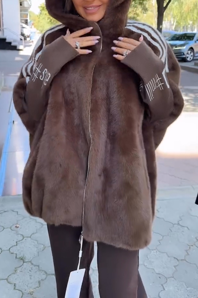 Women Plush Hooded Vertical Stripe Printed Casual Coat