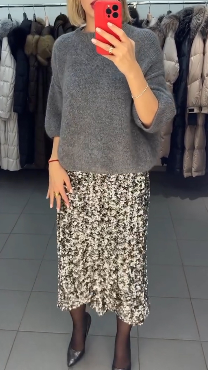 Women Round Neck Sweater+ Skirt Casual Set