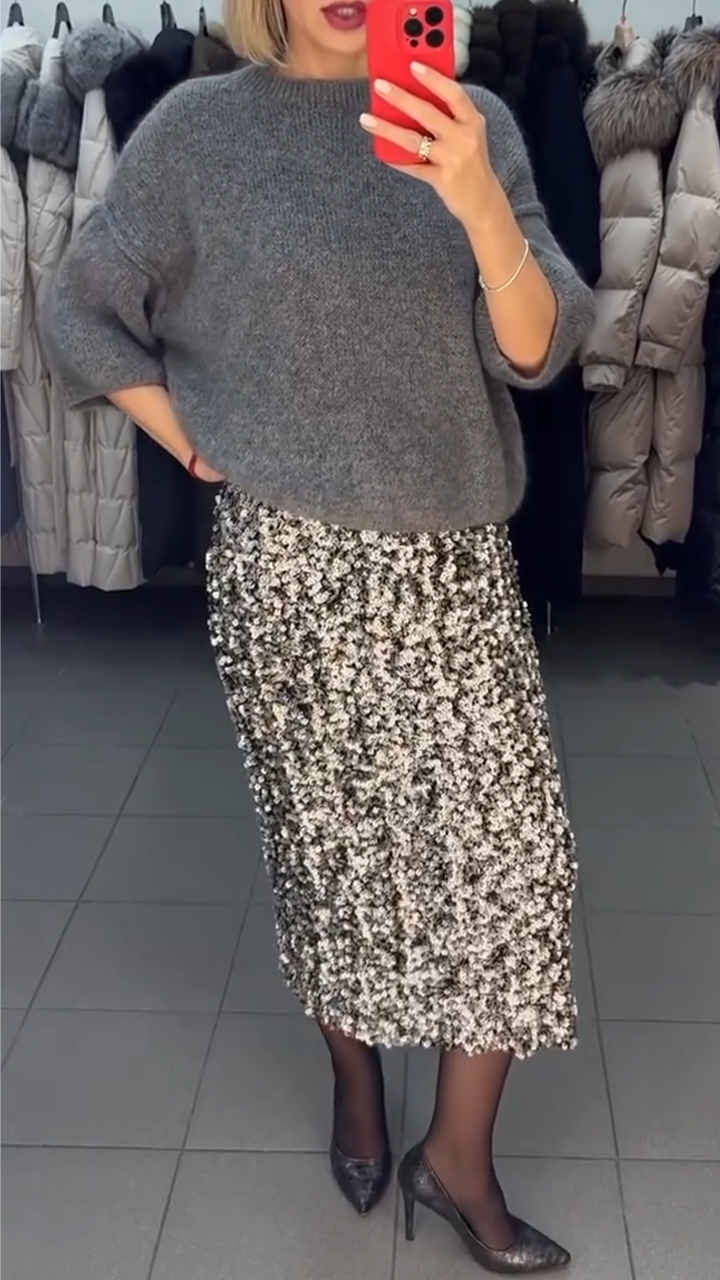 Women Round Neck Sweater+ Skirt Casual Set