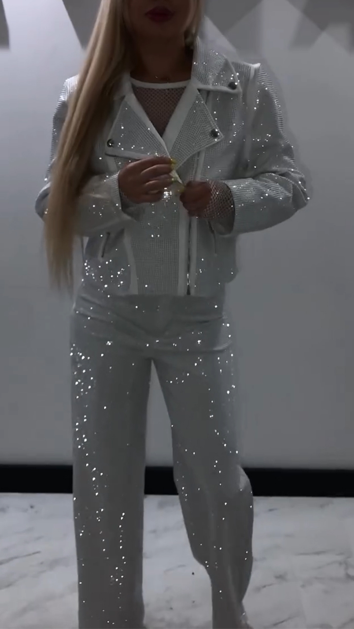 Women Laple Collar Hot Diamond Jacket+ Pants Sparkling Casual Set