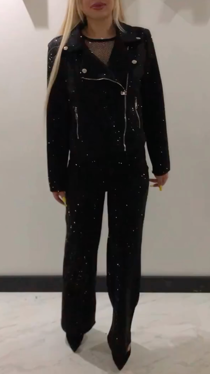 Women Laple Collar Hot Diamond Jacket+ Pants Sparkling Casual Set