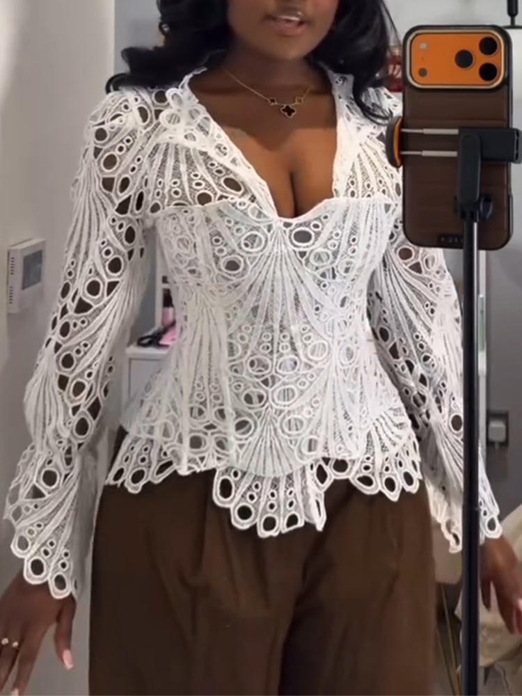 Women Collar Hollowed Out Top+ Waist Cinching Casual Suit