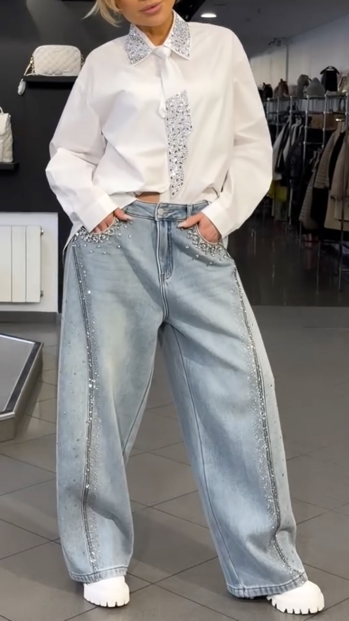 Women's Tie Shirt + Jeans Rhinestone Suit