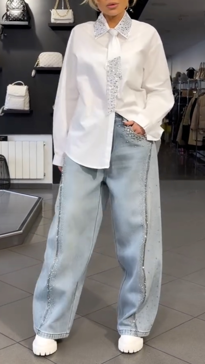 Women's Tie Shirt + Jeans Rhinestone Suit