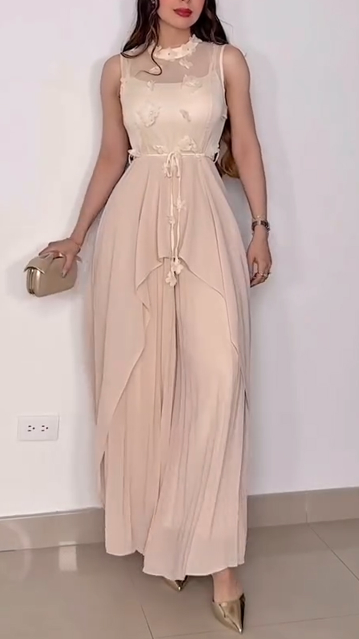 Women Round Neck Patchwork Elegant Temperament Jumpsuit