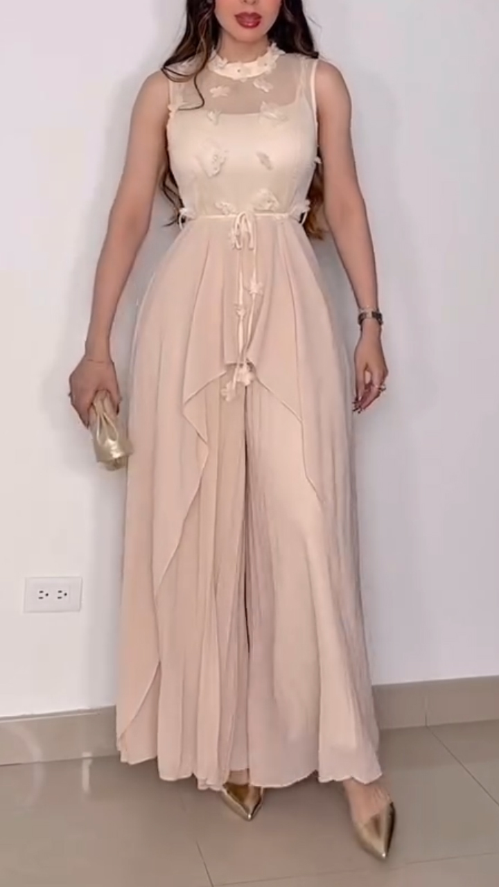 Women Round Neck Patchwork Elegant Temperament Jumpsuit