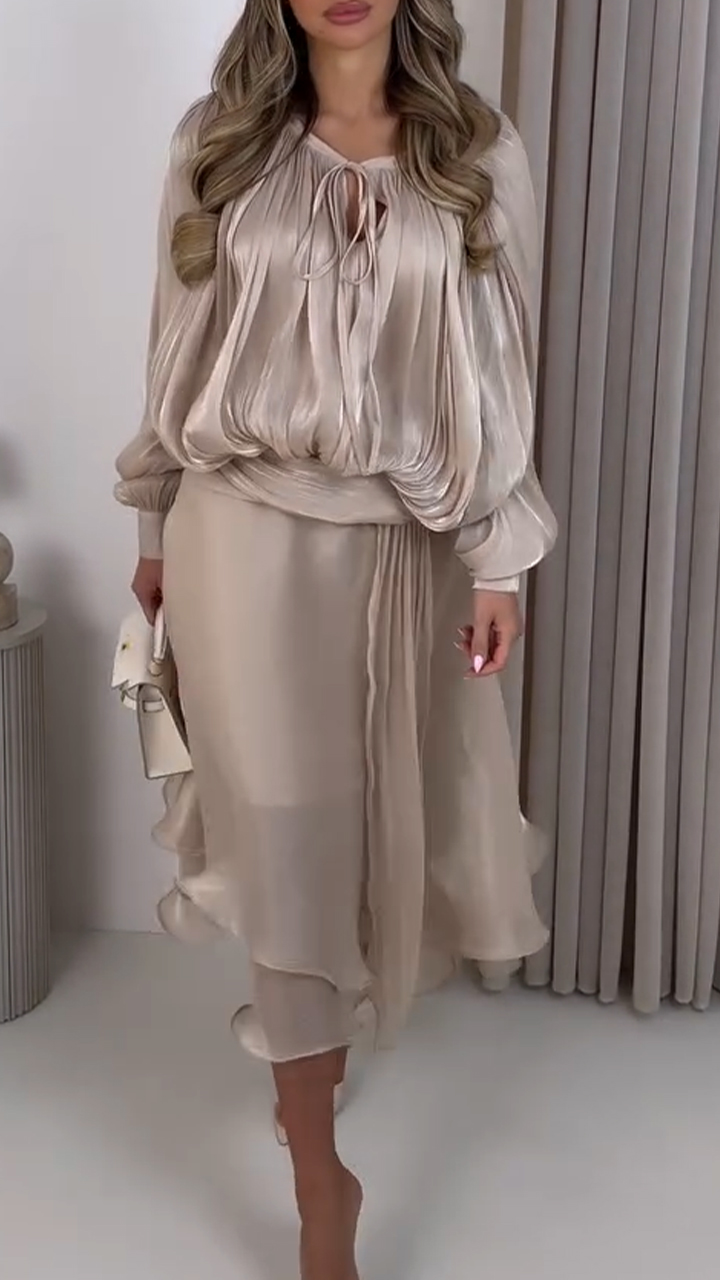 Womens Round Neck Top+ Irregular Skirt Elegant Casual Set