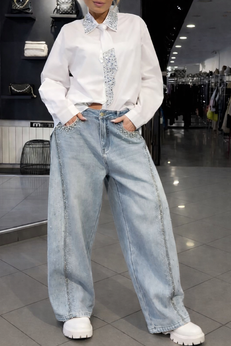 Women's Tie Shirt + Jeans Rhinestone Suit
