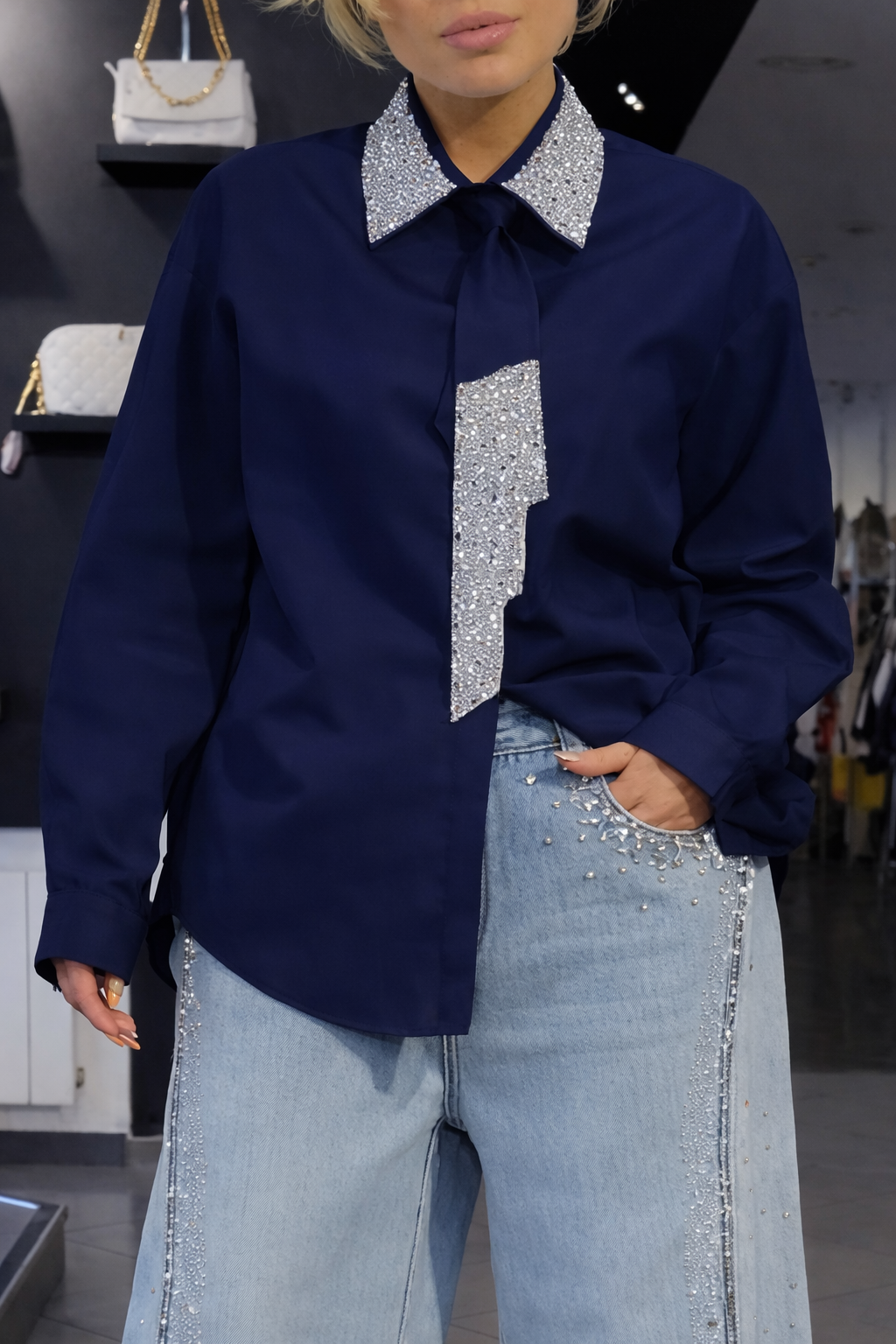 Women's Tie Shirt + Jeans Rhinestone Suit