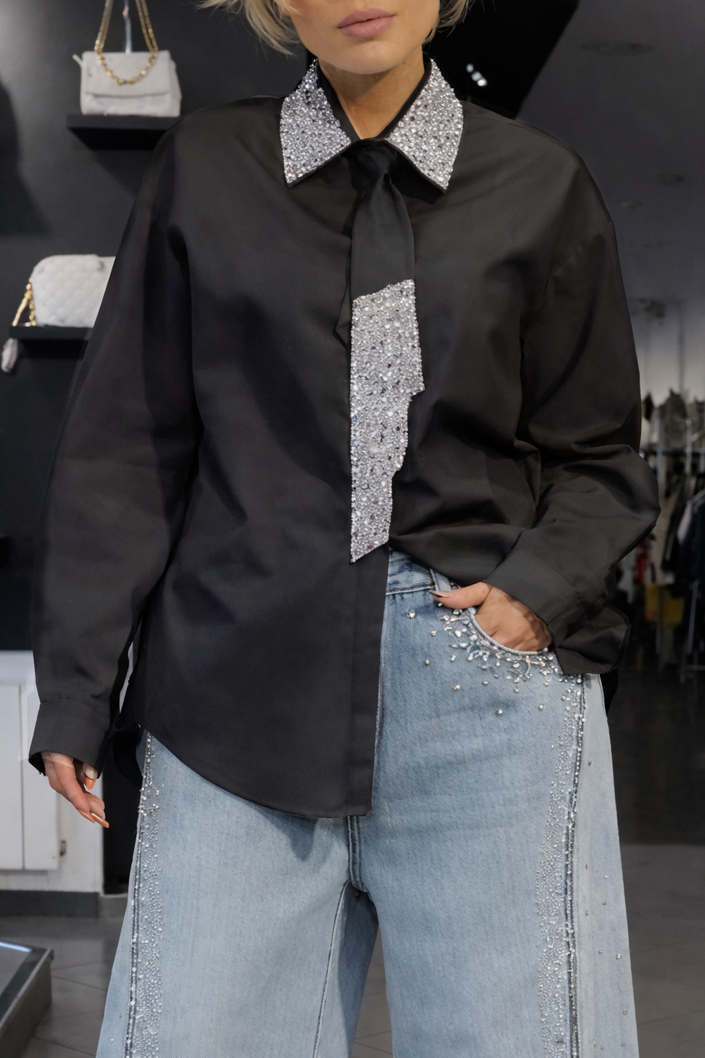 Women's Tie Shirt + Jeans Rhinestone Suit