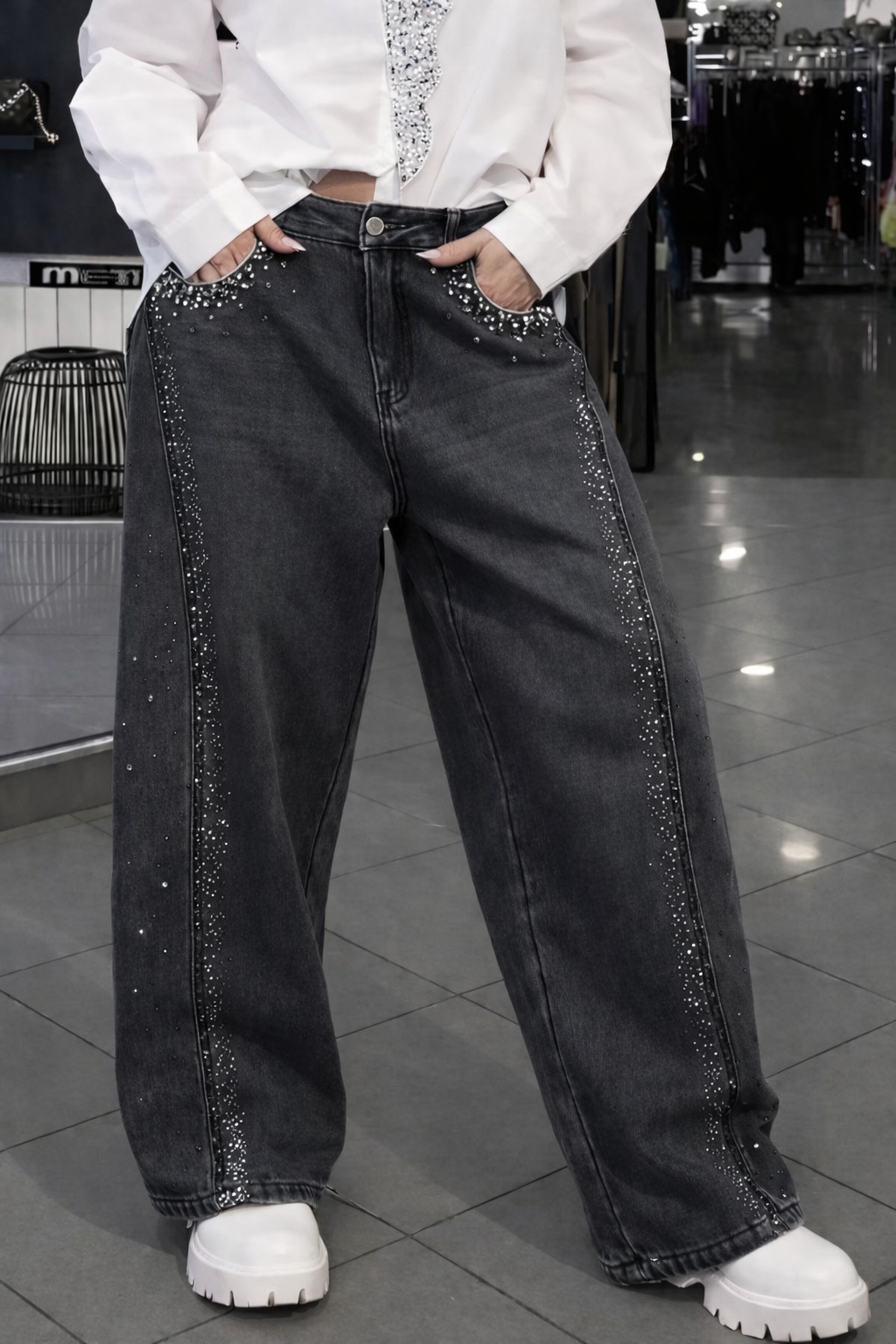 Women's Tie Shirt + Jeans Rhinestone Suit