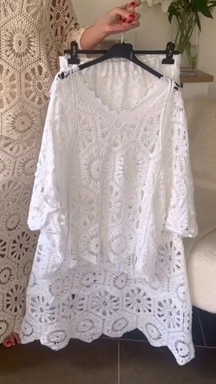 Women V-Neck Pattern Hollowed Out Top+ Half Skirt Casual Set