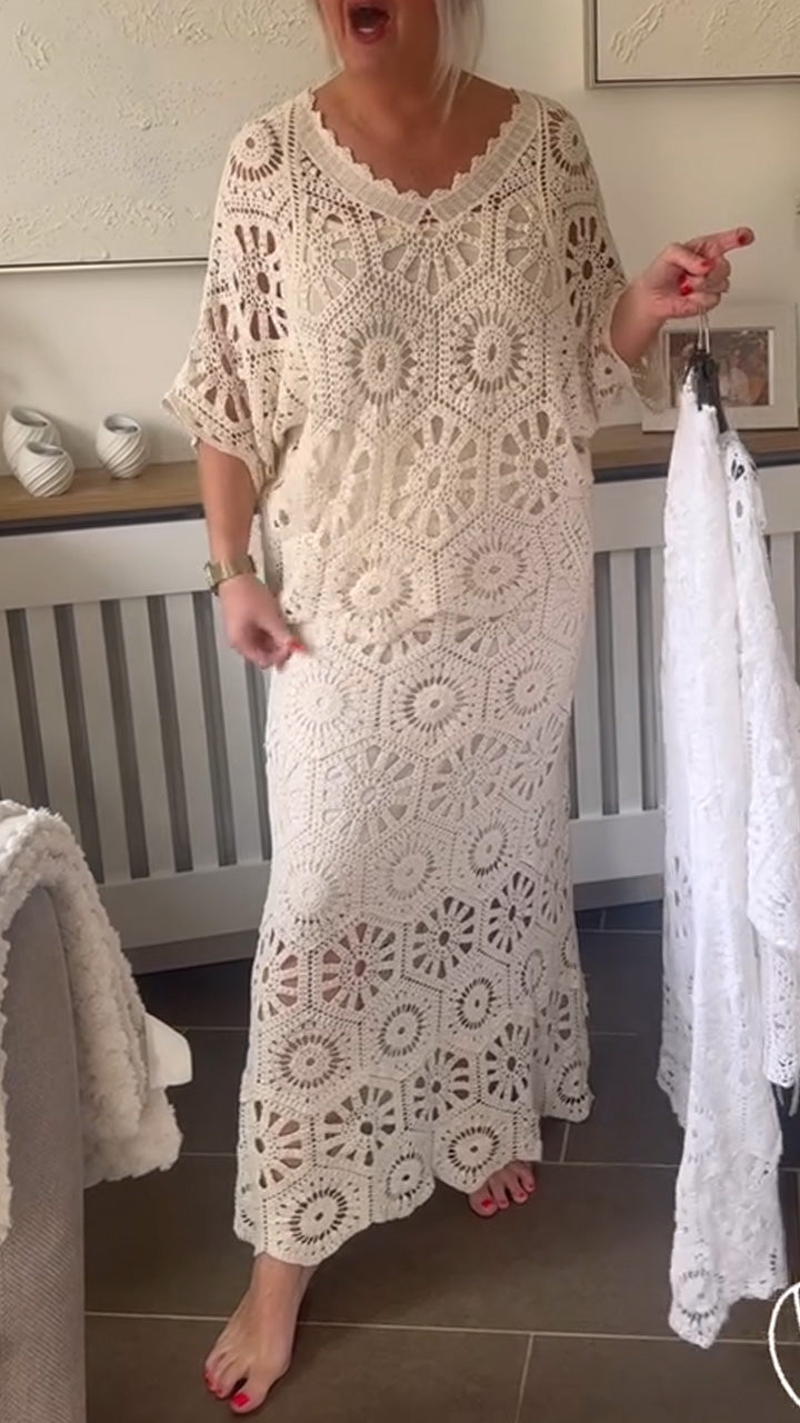 Women V-Neck Pattern Hollowed Out Top+ Half Skirt Casual Set