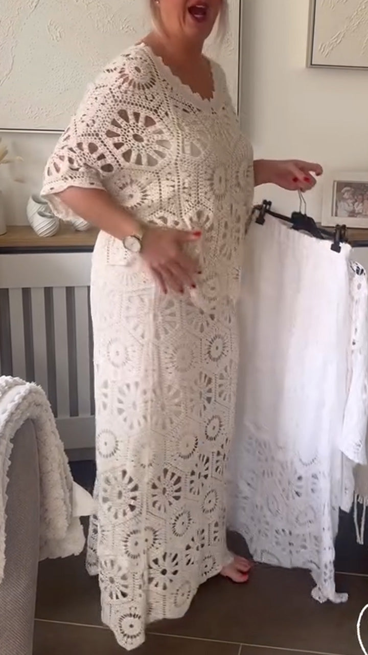 Women V-Neck Pattern Hollowed Out Top+ Half Skirt Casual Set