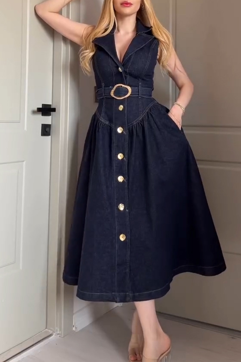 Women's Elegant Lapel Button Front Denim Dress with Belt