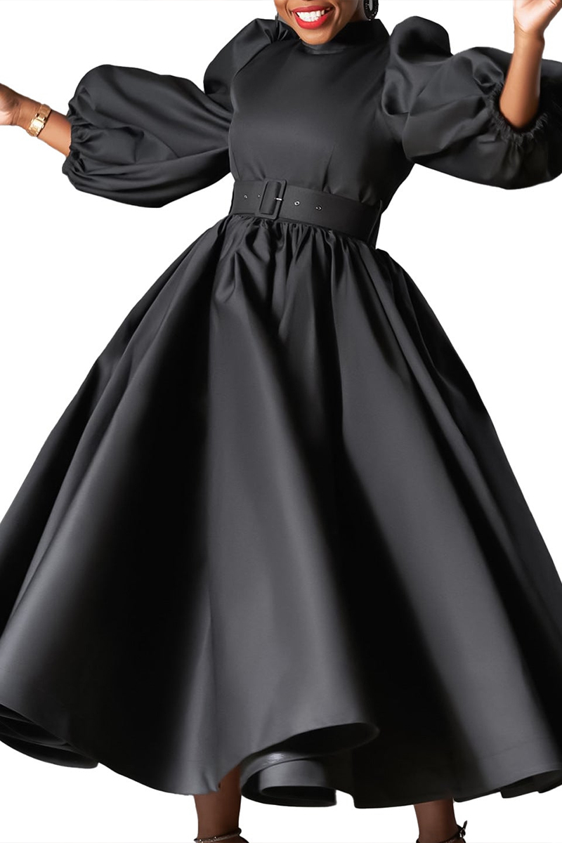 Women's Color Large Puff Sleeve Midi Dress Dresses