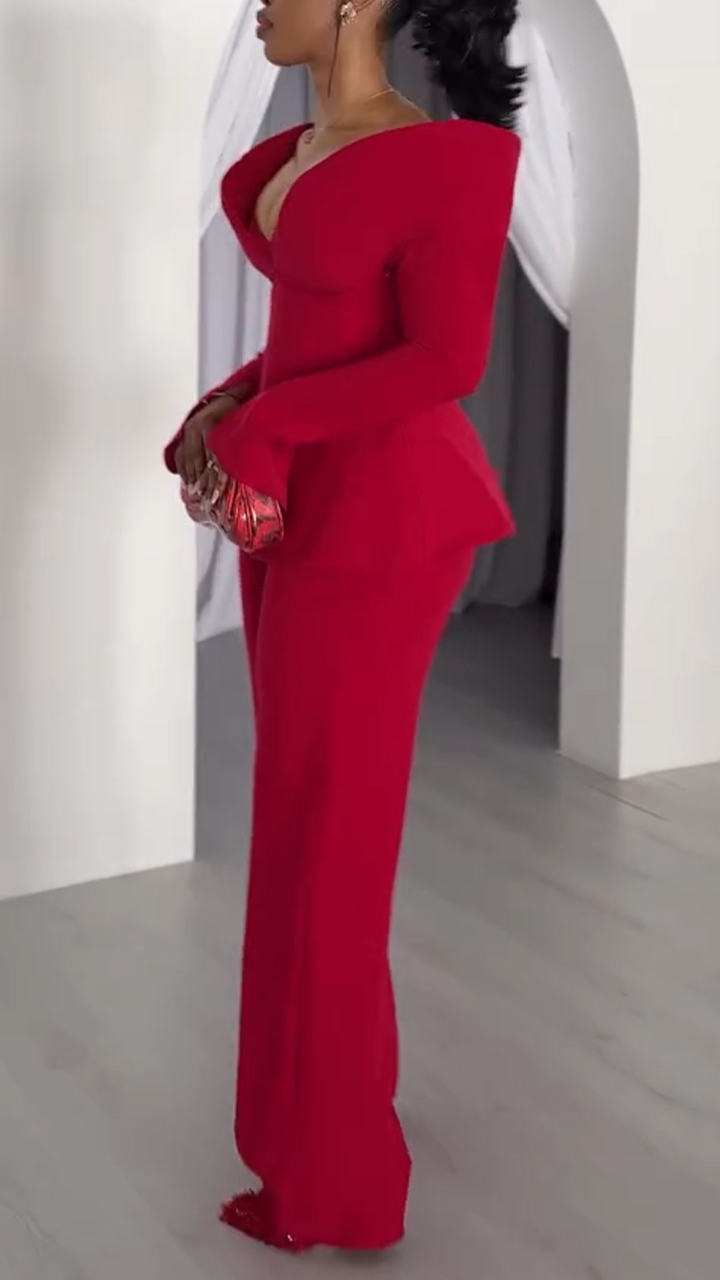 Women V-neck Waist Cinched Top+ Pants Temperament Commuting Suit