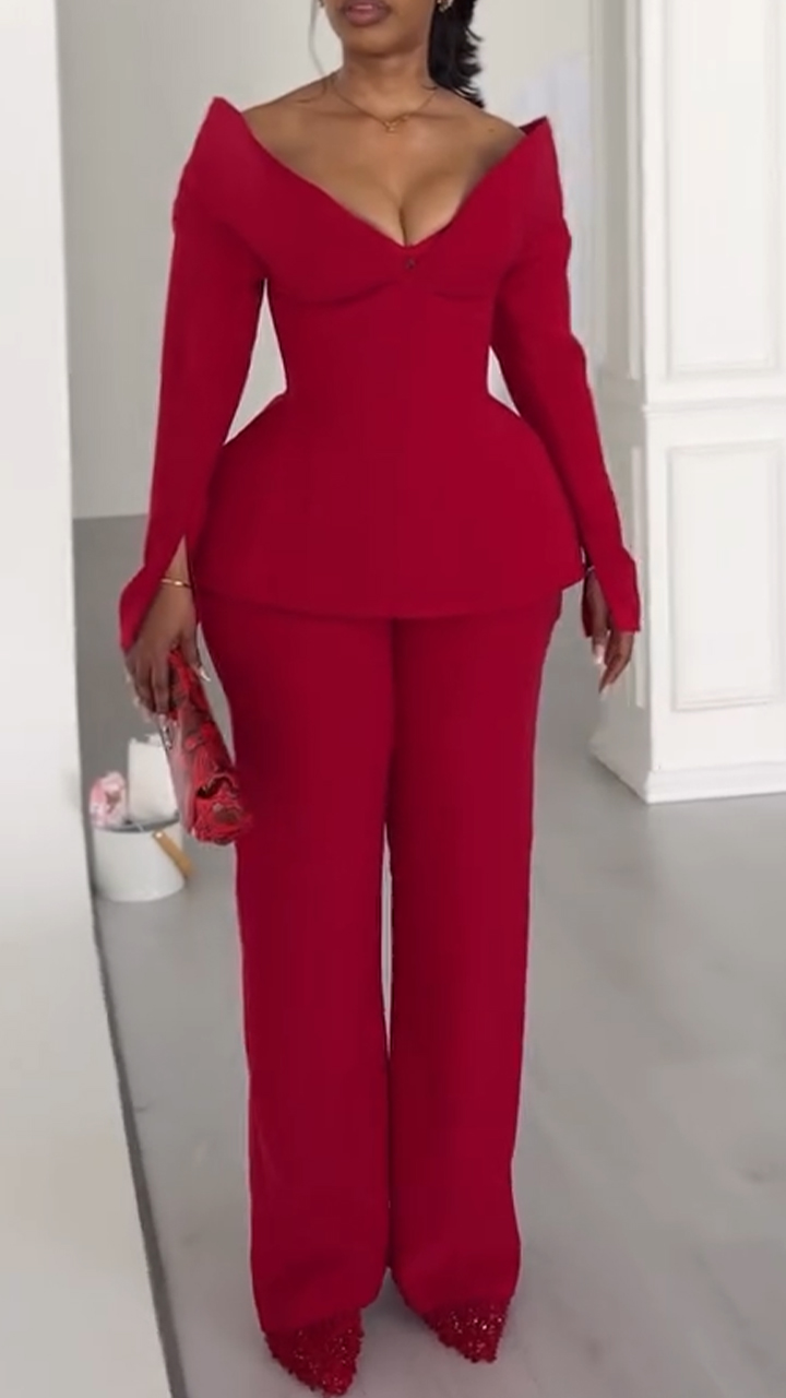 Women V-neck Waist Cinched Top+ Pants Temperament Commuting Suit