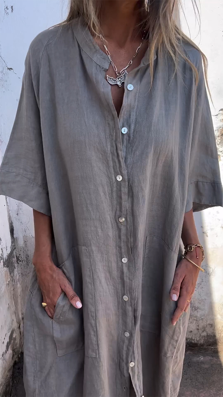 Women's Round Neck Breasted Loose Casual Cotton and Linen Dress