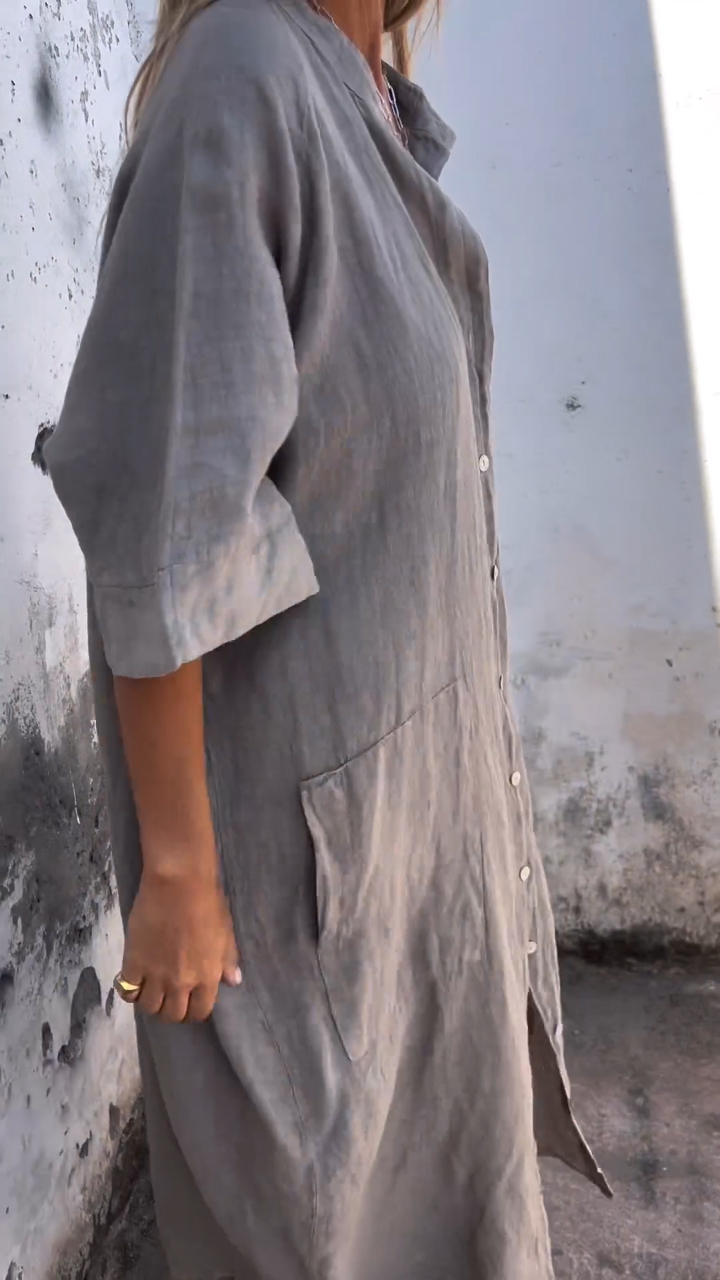 Women's Round Neck Breasted Loose Casual Cotton and Linen Dress