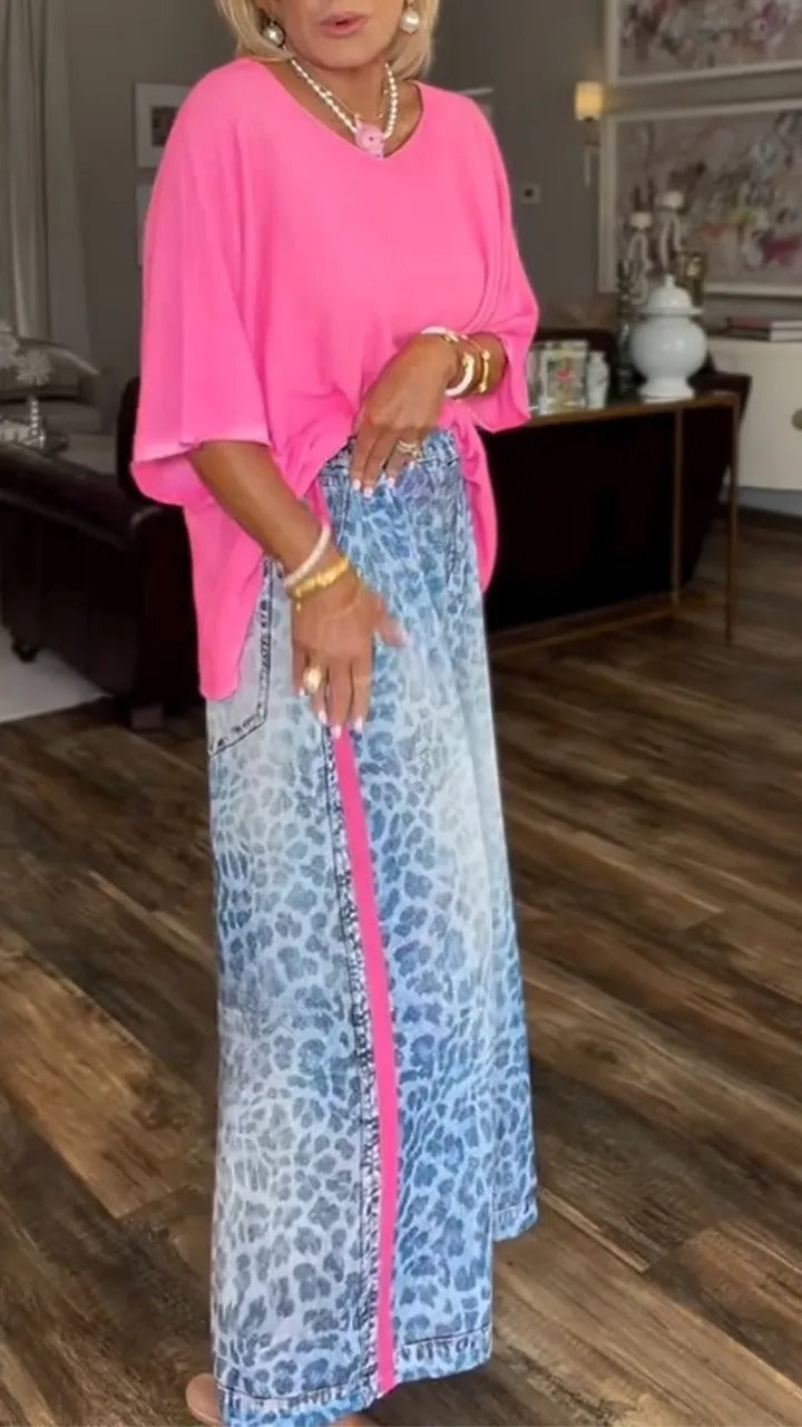 Women's Round Neck Solid Color Top or Leopard Print Trousers