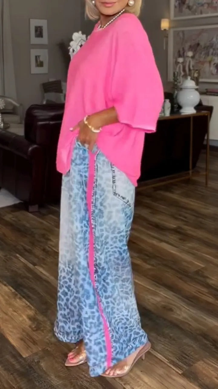 Women's Round Neck Solid Color Top or Leopard Print Trousers