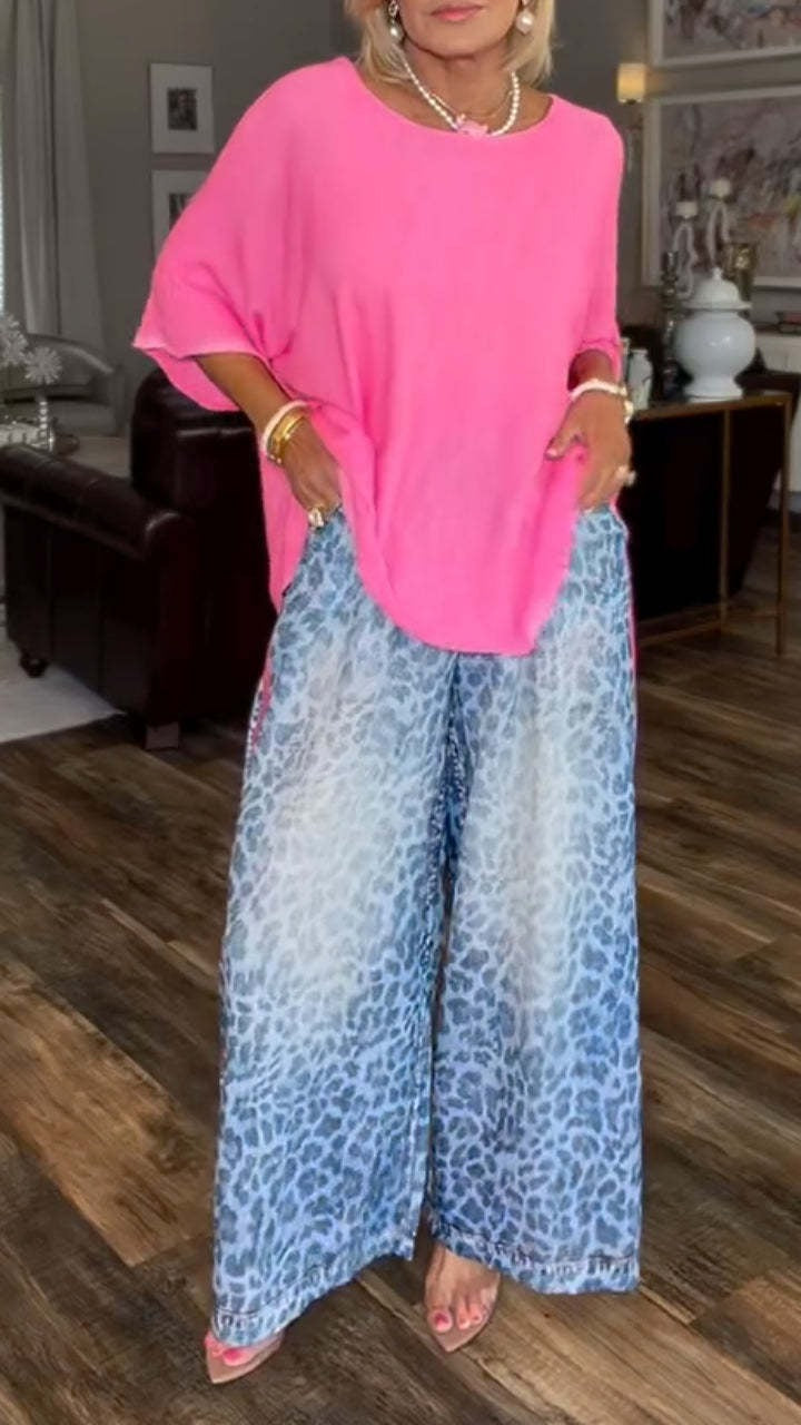 Women's Round Neck Solid Color Top or Leopard Print Trousers