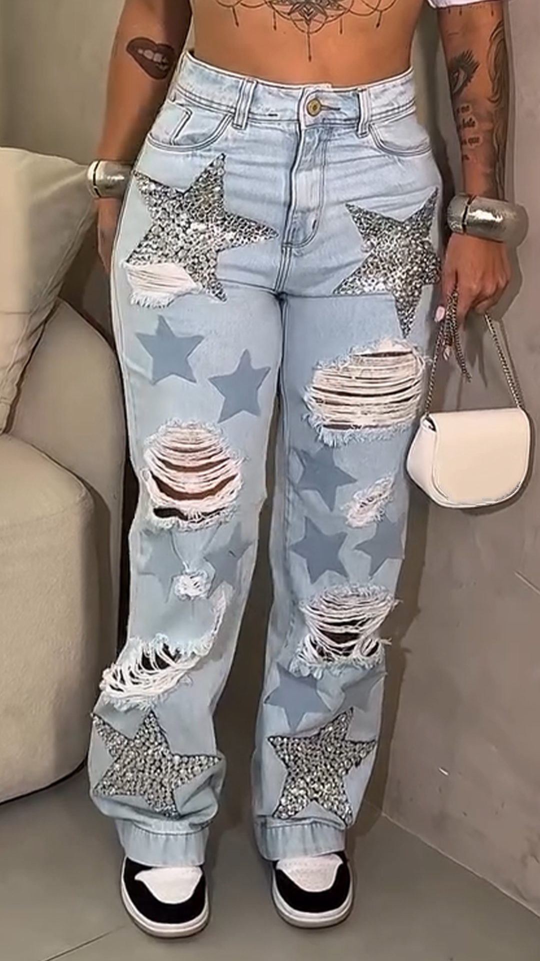 Womens Ripped Hot Diamond Star Print Washing Casual Jeans