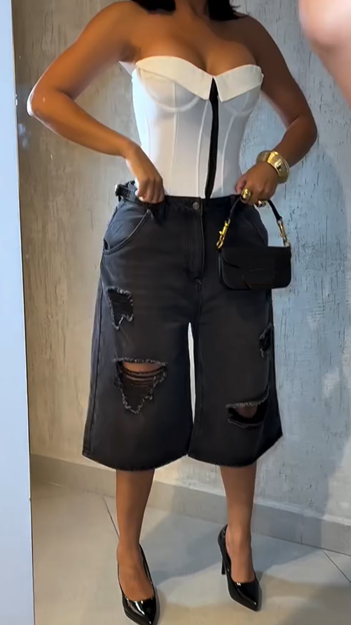 Ladies' Strapless Patchwork Top+ Ripped Pants Casual Set