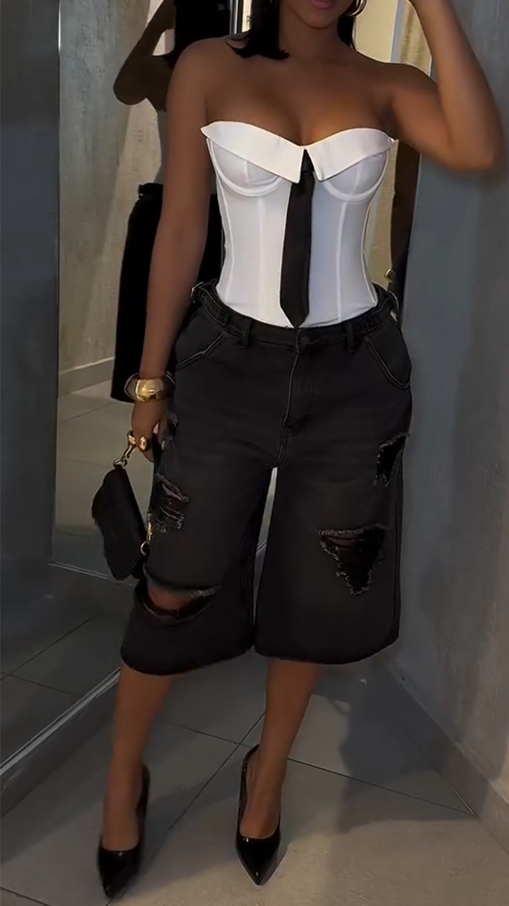 Ladies' Strapless Patchwork Top+ Ripped Pants Casual Set