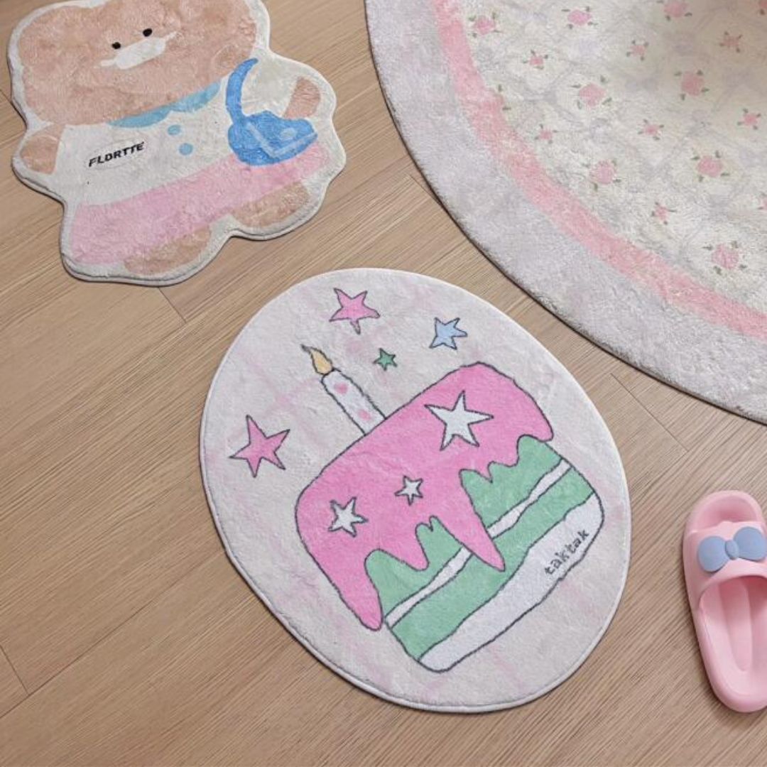 Plush Pink Green Star Birthday Cake Rug