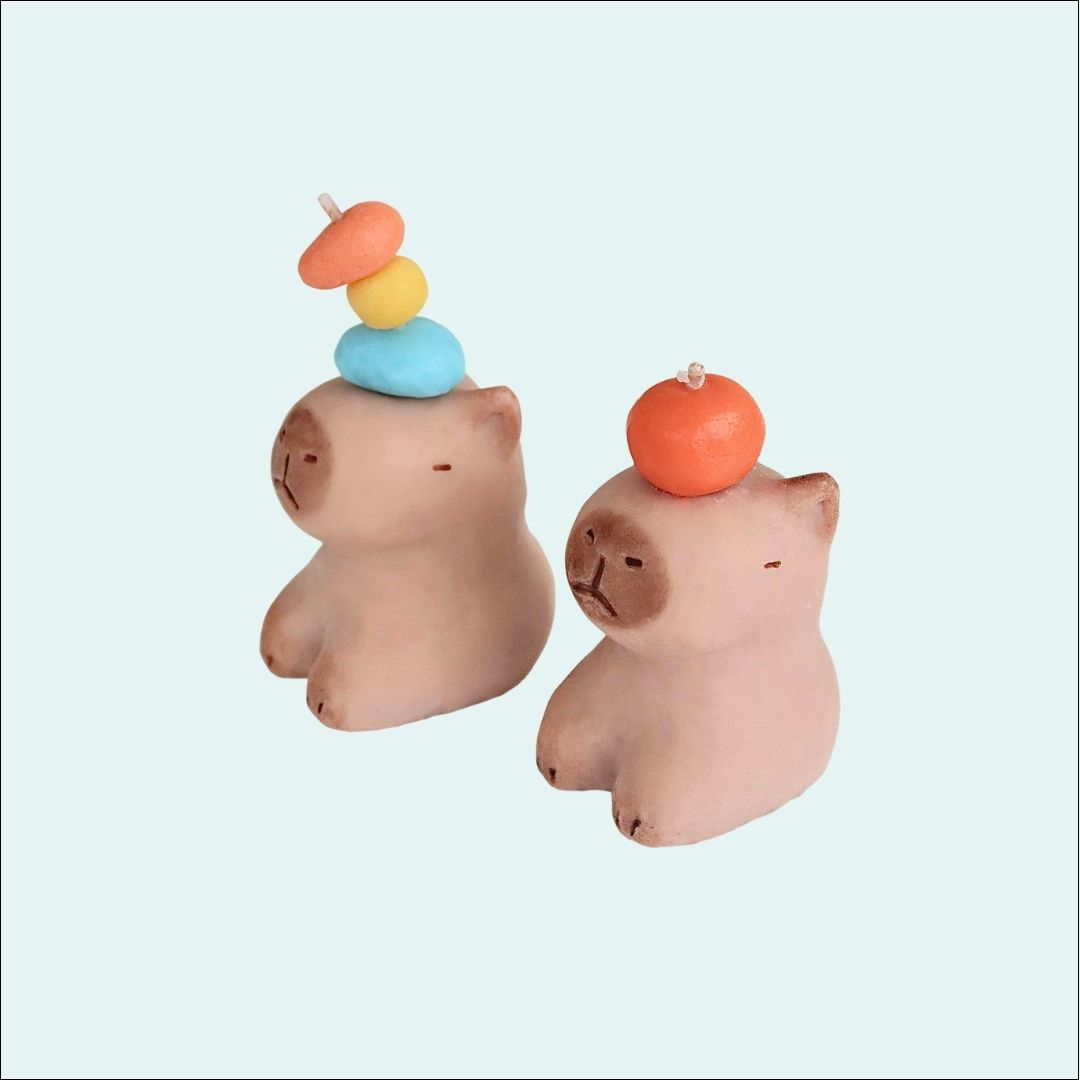 Calm Capybara Candle Set with Balancing Oranges and Colorful Stones-Cozyolo Home Decor & Candle