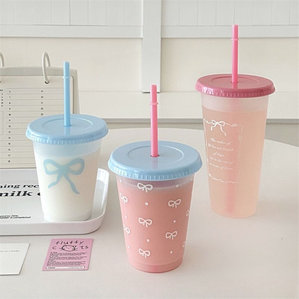 Frosted Transparent Cute Bow Straw Cup , Pink & Blue-Cozyolo Home Decor & Candle