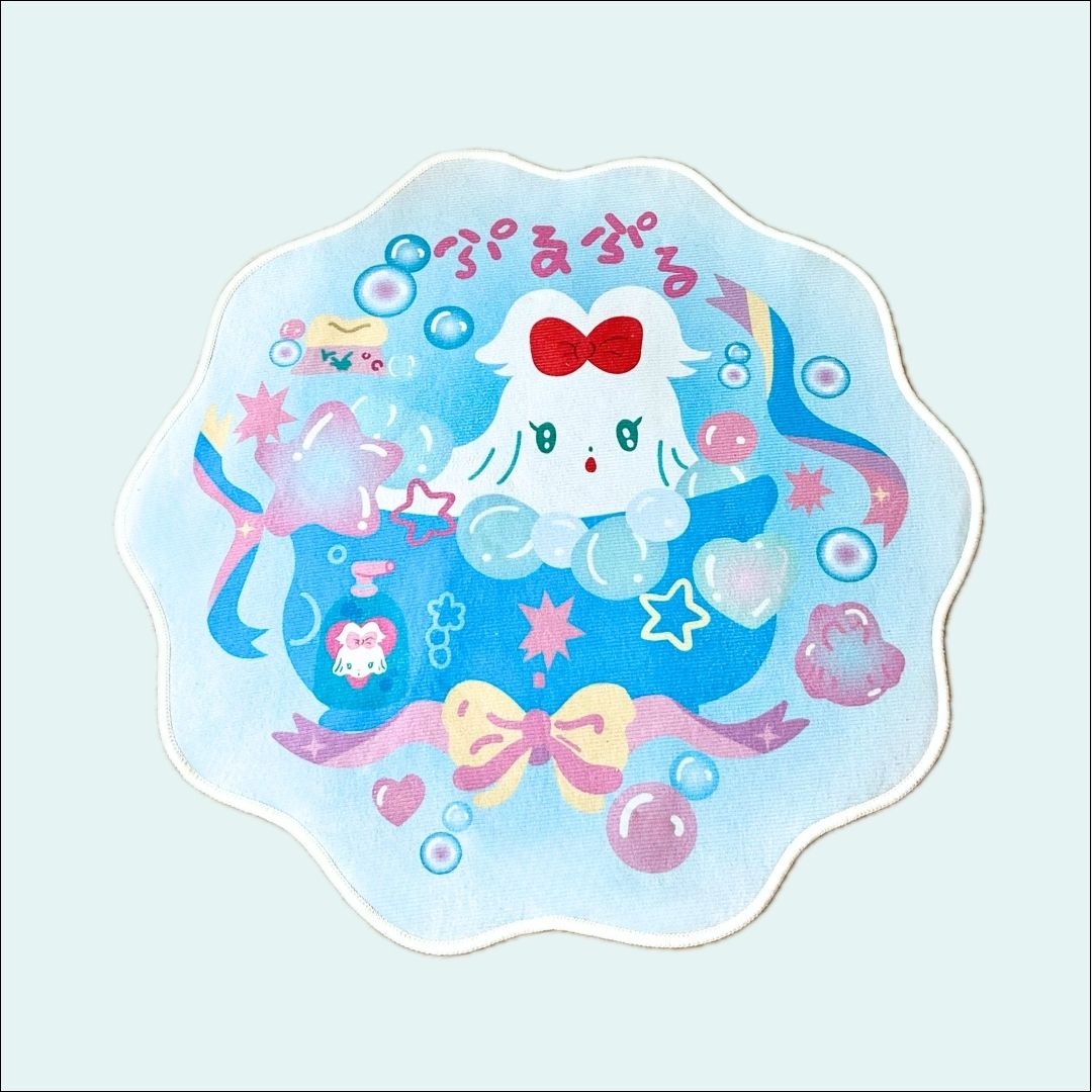 Cute Blue Bubble Bunny Bath Mat with Bow and Star Design-Cozyolo Home Decor & Candle