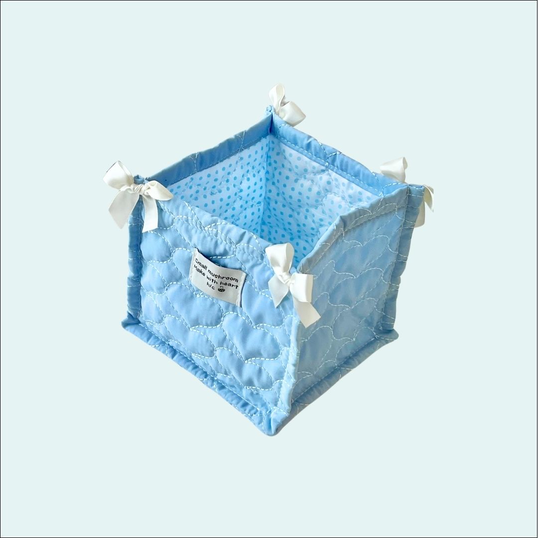  Blue Cotton Storage Basket with Heart Stitching and White Bows-Cozyolo Home Decor & Candle